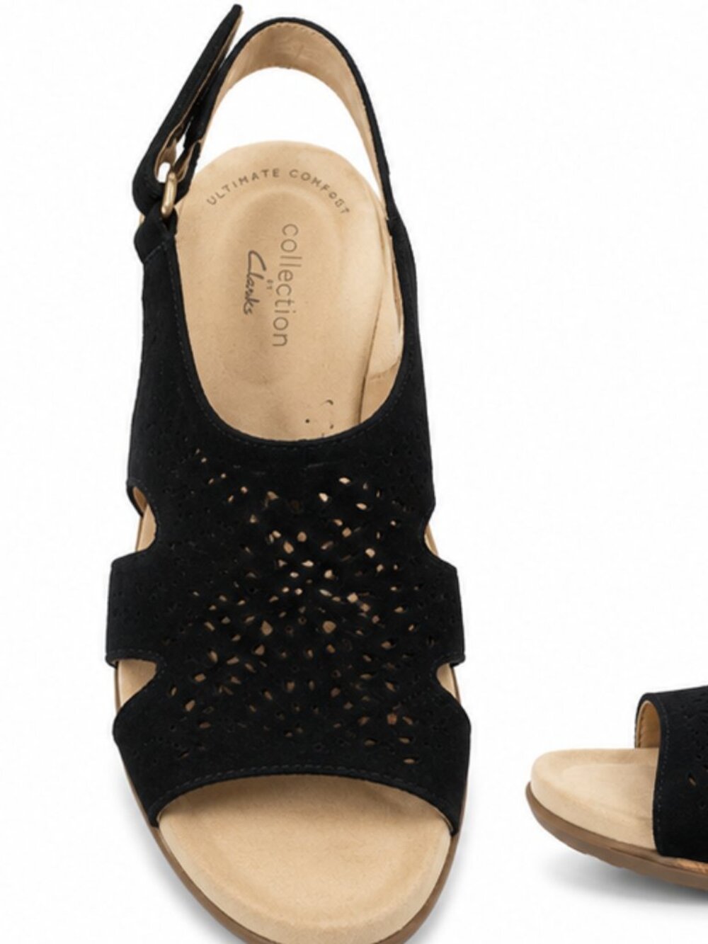 Clarks Ultimate Comfort Black Suede Laser Cut Slingback Sandals Size 9